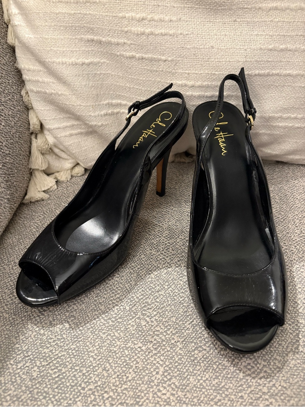 COLE HAAN Air Black Patent Leather Slingback Peep-Toe Pump Heels
SZ 9